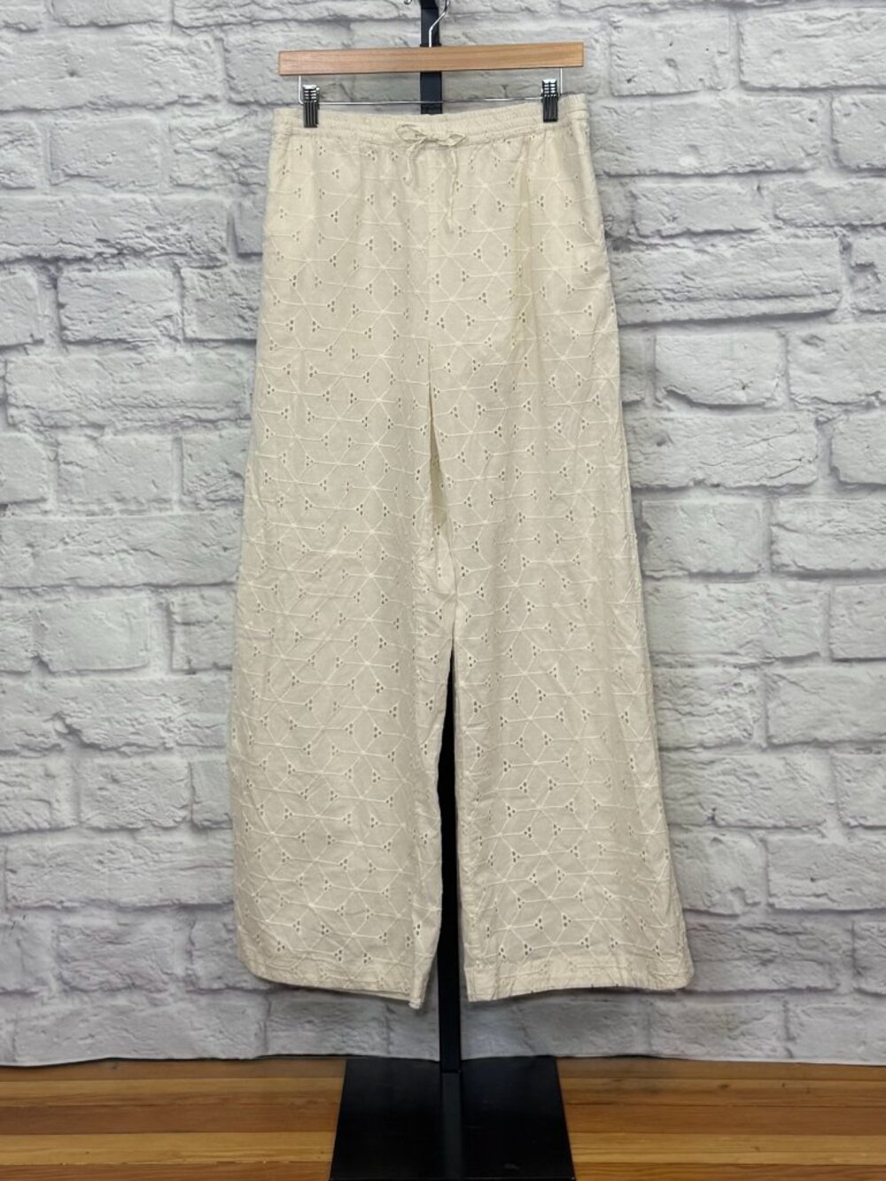 MNK Cream Cotton Embroidered Eyelet Wide Leg Pants
